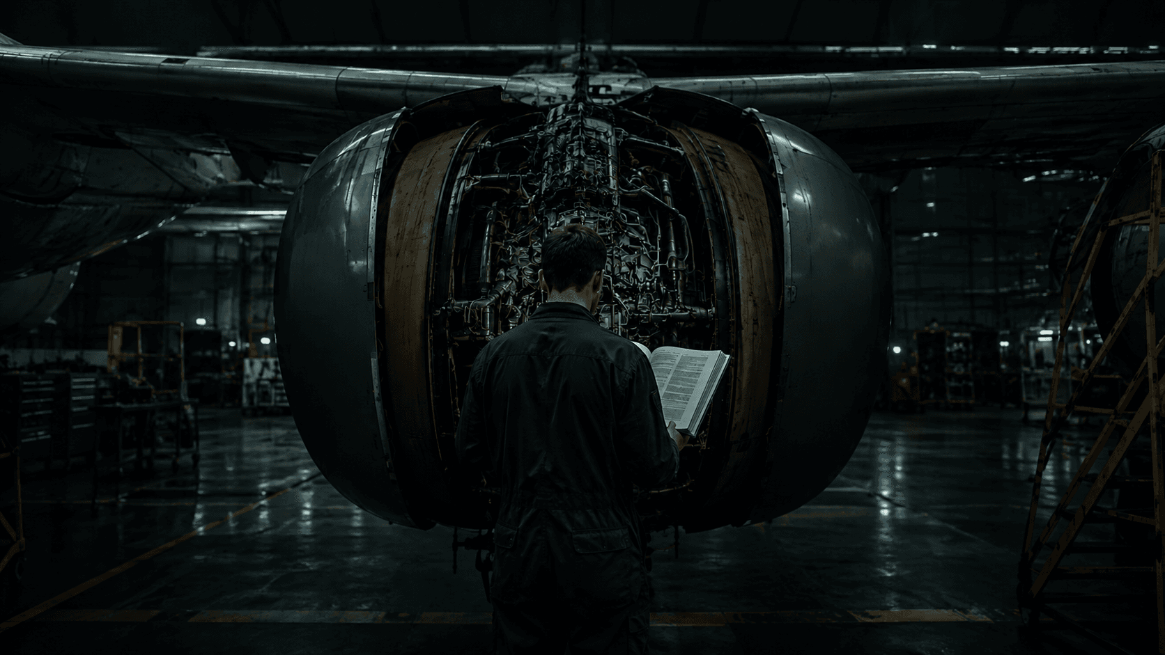 An aircraft mechanic in a dark hangar reading an open maintenance manual in front of an opened jet engine